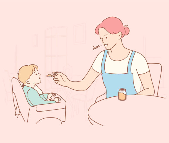 Motherhood, childhood, food, family concept Motherhood, childhood, food, family concept. Young woman mom cartoon character feeding child kid son baby with special childish nutrition. Breakfast dinner lunch or supper and mothers day illustration